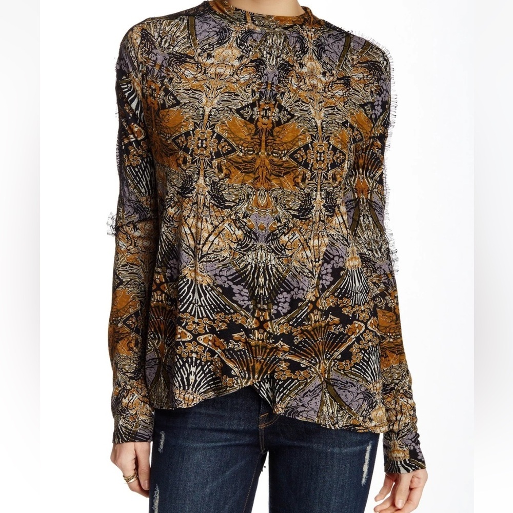 Free People Nouveau Drape Abstract Lace Sleeve Top Womens Small Brown Neutral - Picture 8 of 9